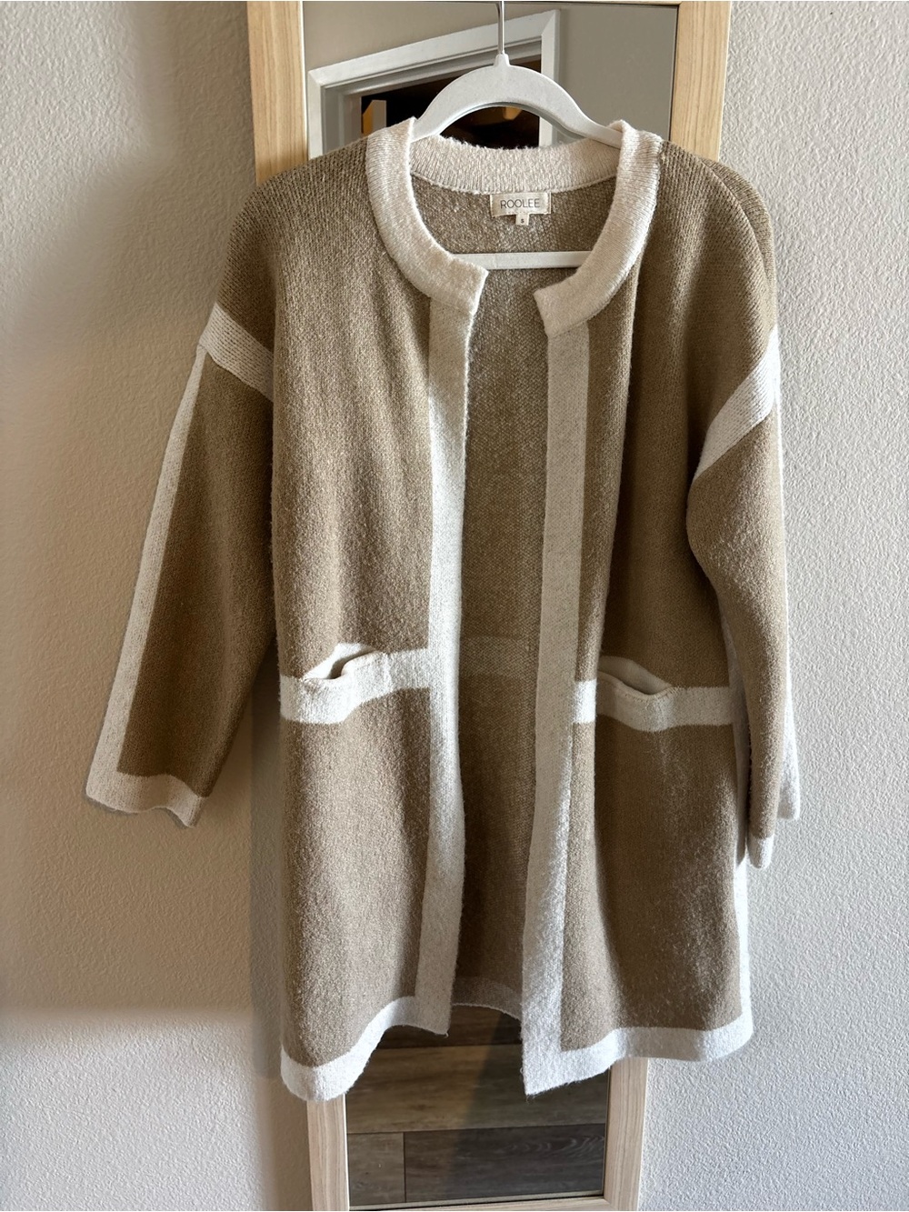 Roolee Beige & Cream Open-Front Knit Cardigan